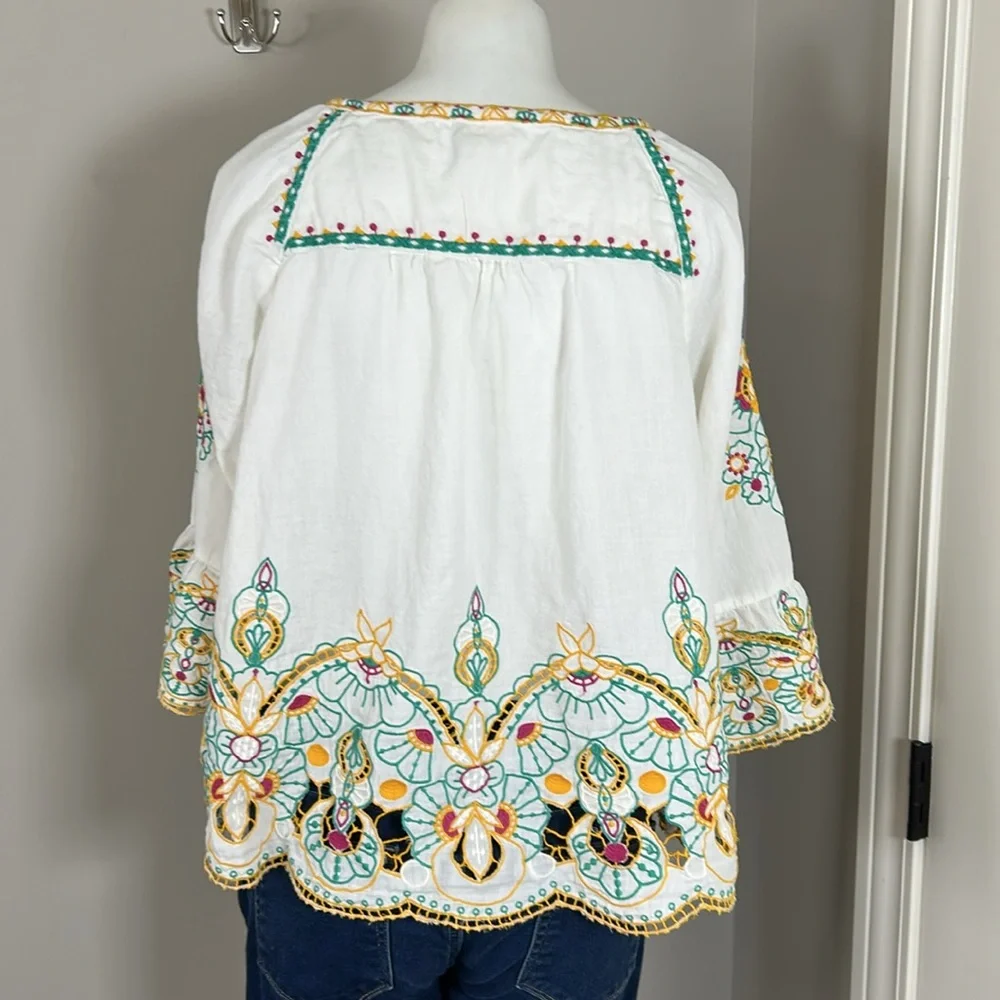 Anthropologie White Embroidered Tunic with Teal & Yellow Accents - Picture 9 of 15